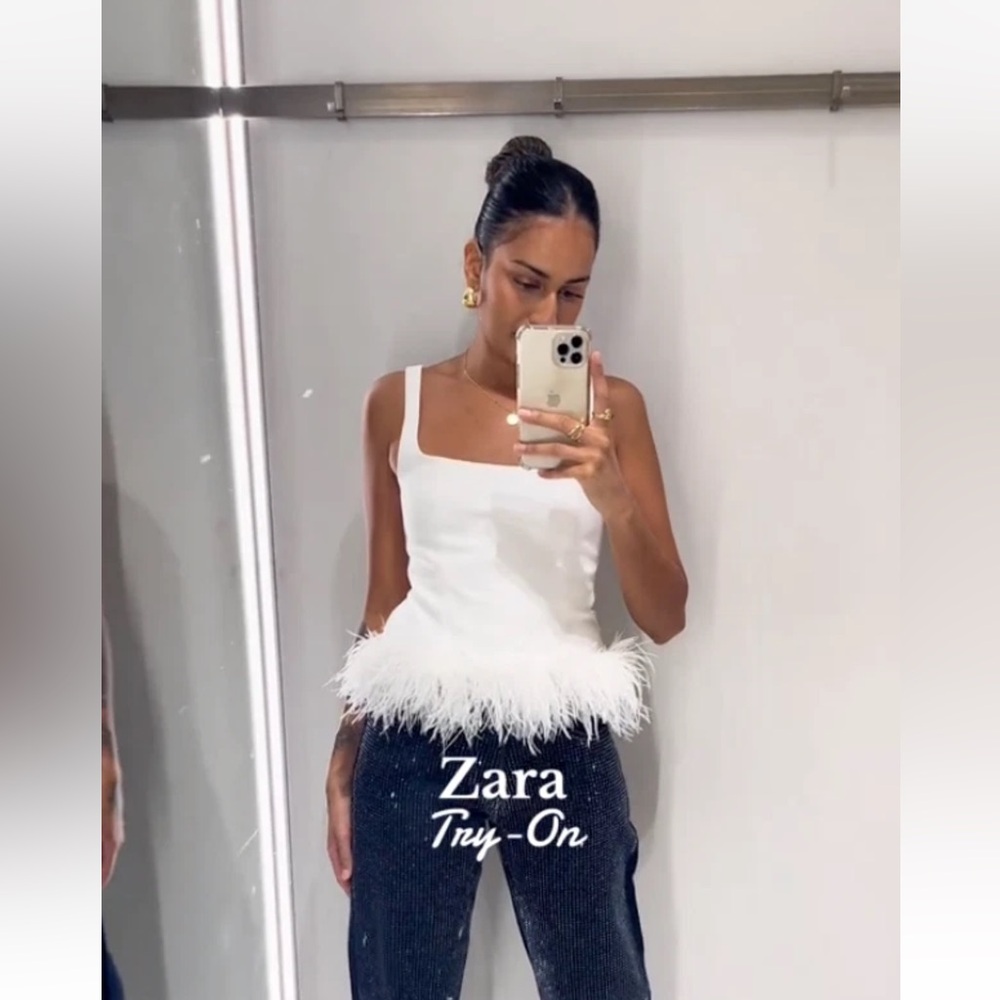 zara NWT white feathered tank top blouse stretch 4772/104 197 size small - Picture 4 of 12